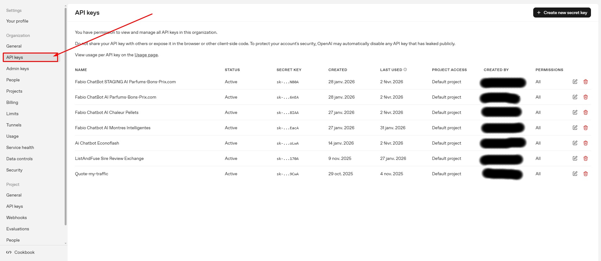 OpenAI API keys page