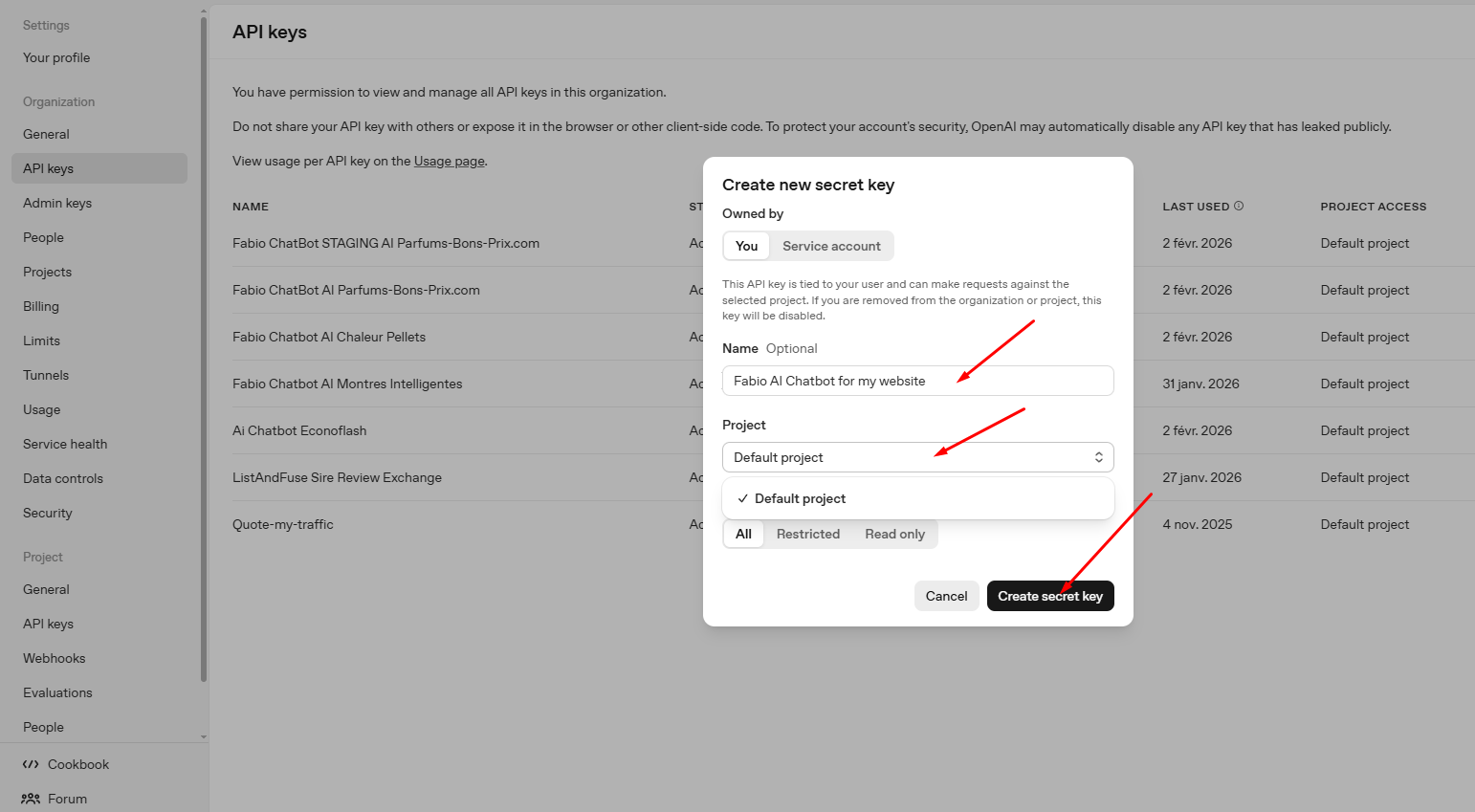 API key creation form