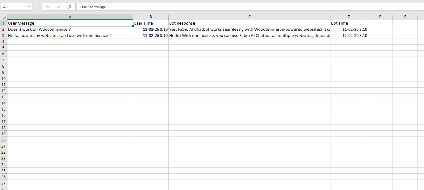 Example of a conversation export file from Fabio AI Chatbot