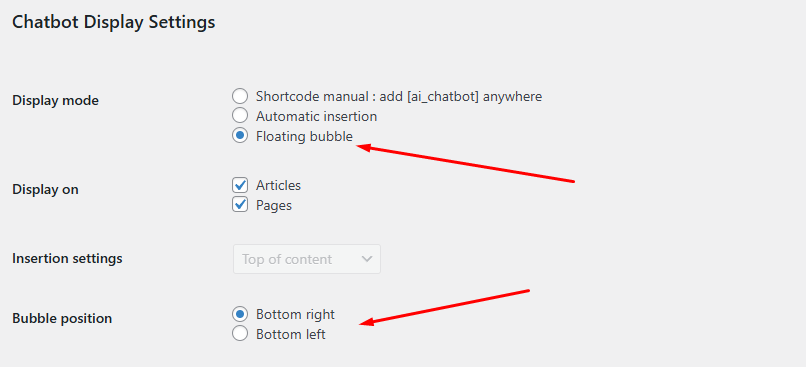 Floating bubble settings
