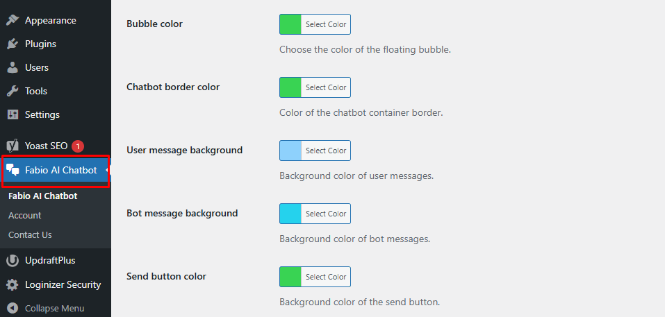 Select colors to customize the appearance of Fabio AI Chatbot