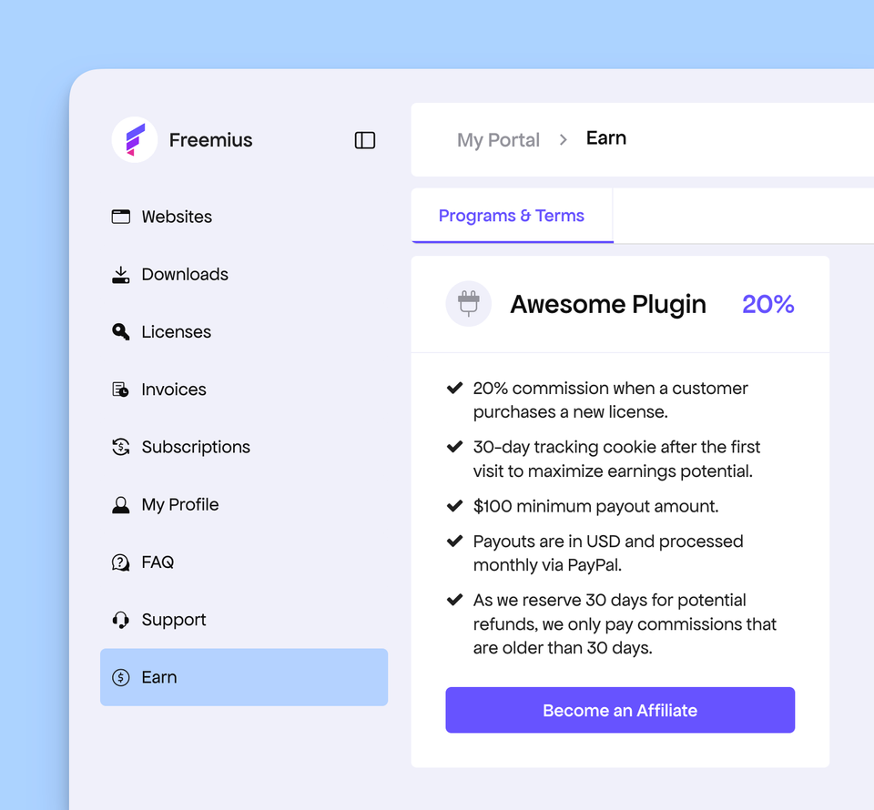 Apply to the Fabio AI Chatbot affiliate program from Freemius admin