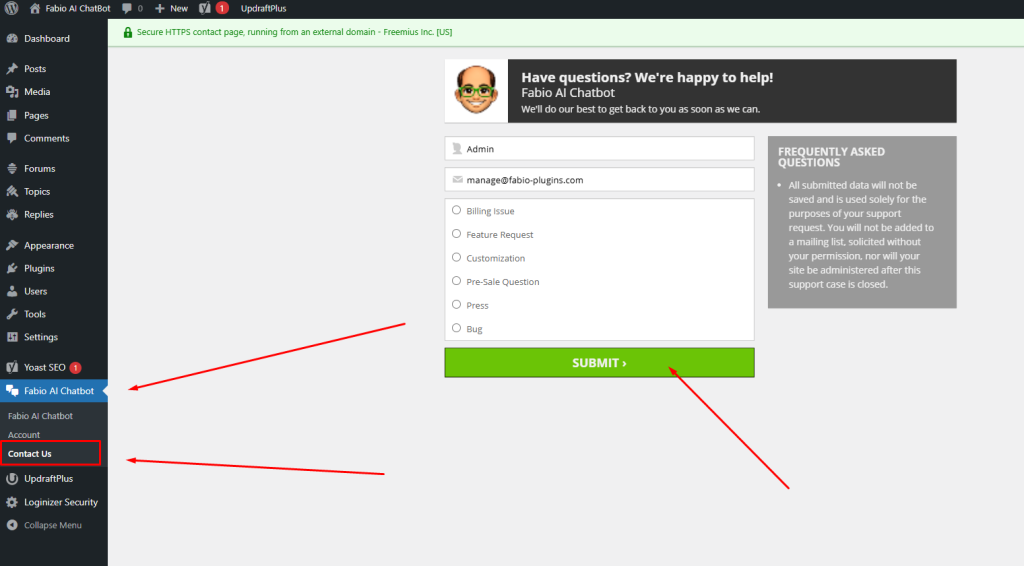 Contact Fabio AI Chatbot from your Dashboard