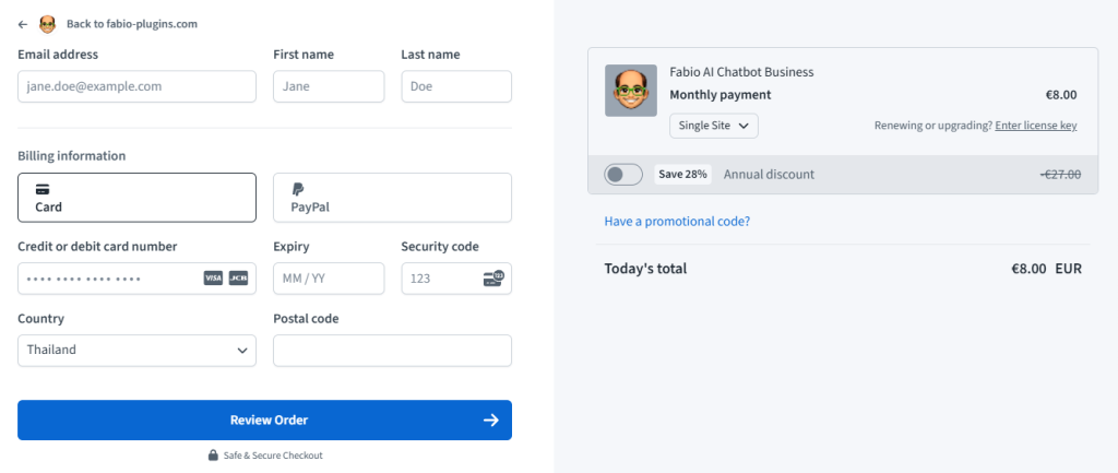 Fabio AI Chatbot Payment Frame