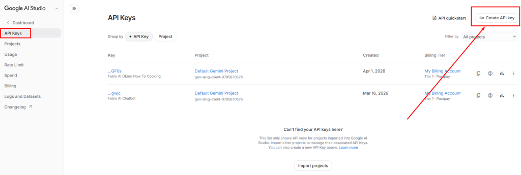 Google Gemini API Key landing page