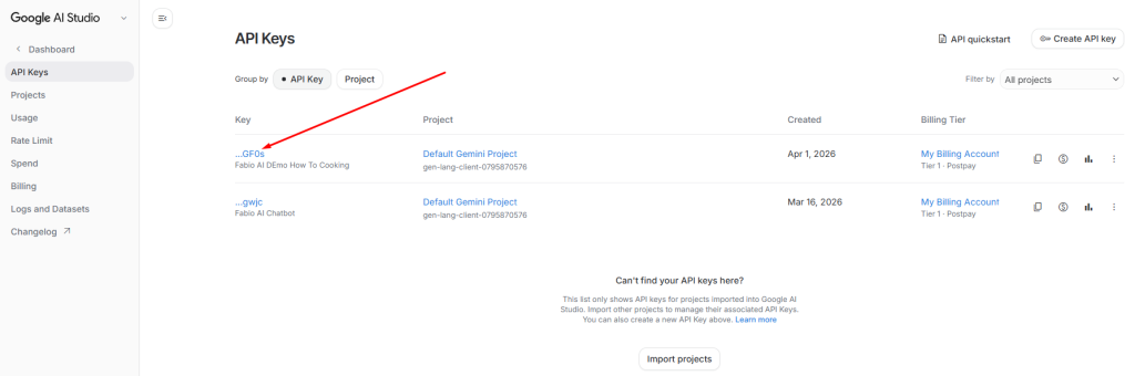Retrieve your Gemini API key anytime by clicking on the API key name