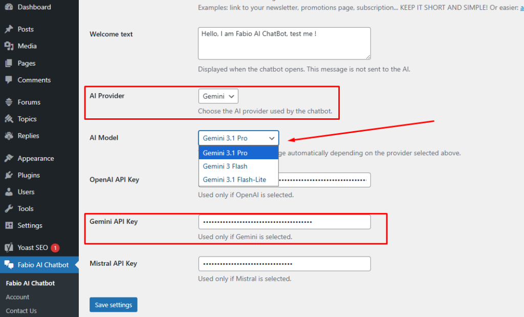 How to select Gemini to run Fabio AI Chatbot