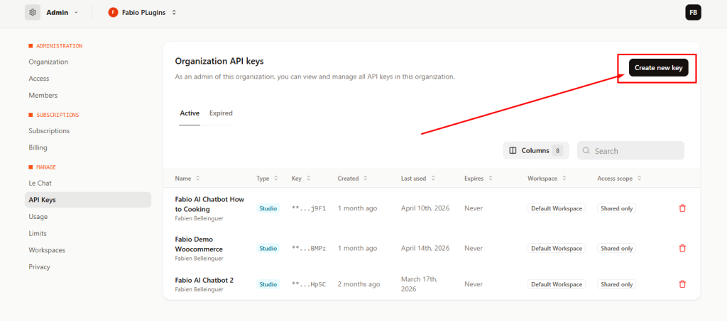 Mistral API keys page
