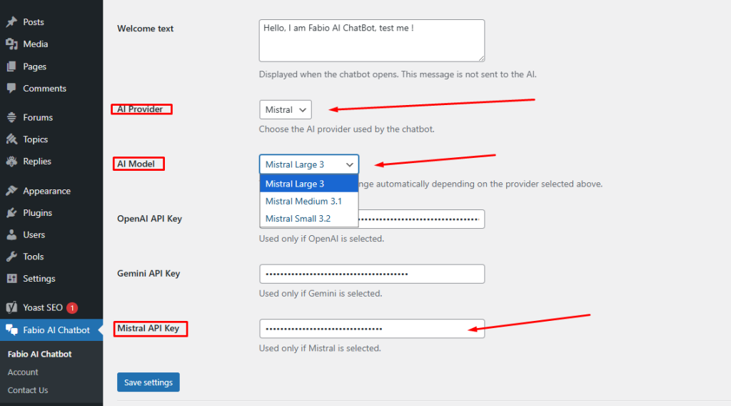 How to enter a Mistral API key in Fabio AI Chatbot